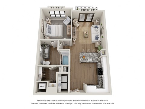 Floor plan for 1 bed, 1 bath, 730 sqft